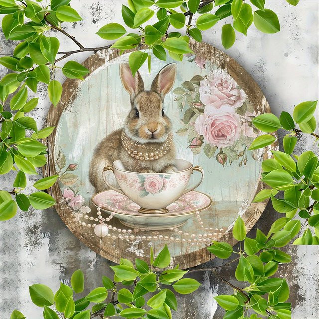 Potdemiel Vintage Wandkunst aus Metall mit Kaninchen und Blumenmuster, rund, Mehrfarbig, Durchmesser: 20,3 cm - Bild 1