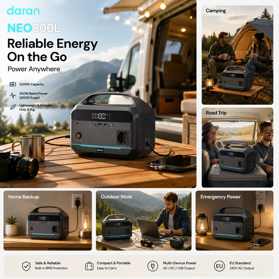 Tragbare Powerstation Daran NEO300L in Schwarz mit 288Wh Kapazität, 350W Leistung und 600W Spitzenleistung, inklusive 230V Ausgang und PD Schnellladung via USB-C für Camping und Notfälle - Bild 3