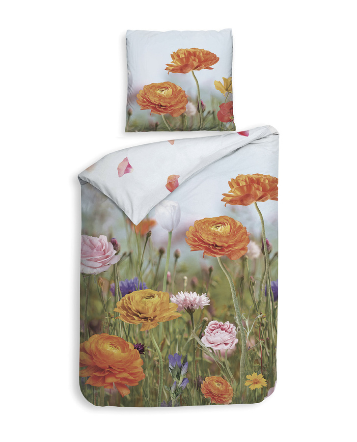 Heckett & Lane Mako-Satin Bettwäsche Set Sonja Blüten Wiese in Orange und Rosa, B/H: 135 x 200 cm mit Kissen 80 x 80 cm - Bild 1