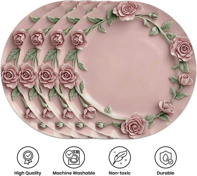 VIKAMA 4er Set Silikon Platzsets in Rosa mit Rosenblüten-Design, runde Hitzeschutzmatten für Esstisch und Restaurant - Bild 1