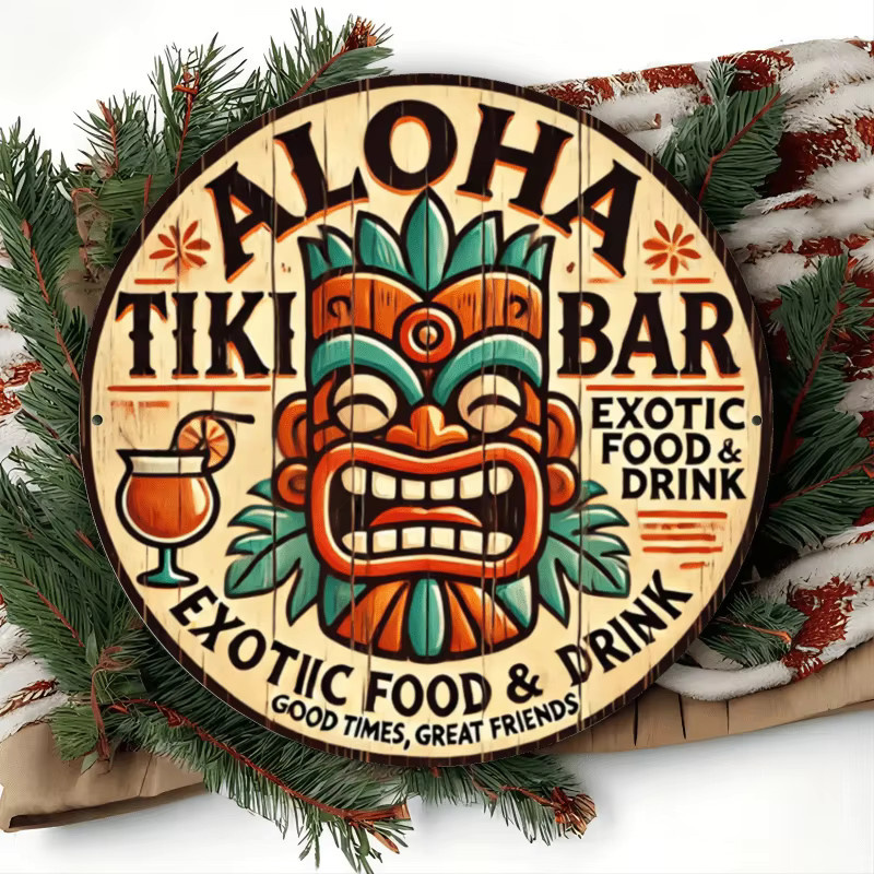 Aloha Tiki Bar Rundes Eisenschild von Potdemiel, Exotische Wandkunst mit Hawaiianischem Motiv in Multicolour, Durchmesser: 20 cm - Bild 4