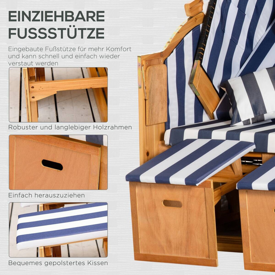 Outsunny Strandkorb in Blau-Weiß gestreift mit Polyrattan und Fußstütze, B/H/T: 79 x 118 x 160 cm - Bild 2