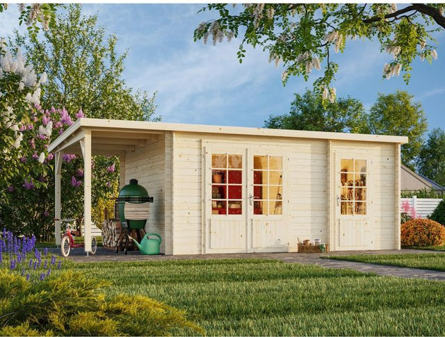 Palmako Ella Blockbohlenhaus aus Fichtenholz mit Pultdach und Anbaudach in Braun, B/H/T: 610 x 214 x 300 cm - Bild 1