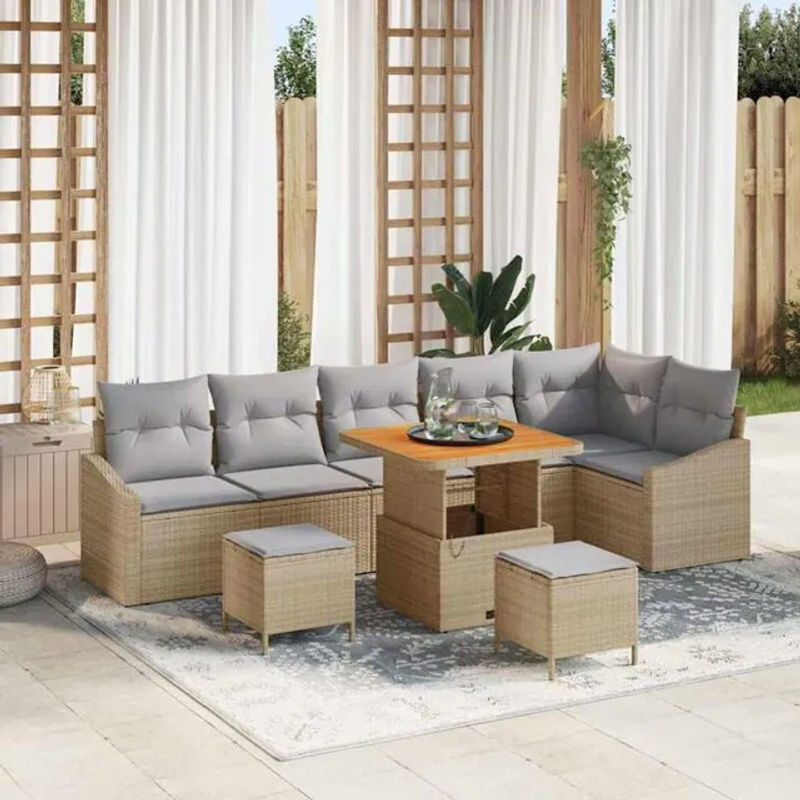 vidaxl Garten-Sofa-Set aus Polyrattan und Stahl mit 9 Kissen in Beige, modernes Loungemöbel-Set - Bild 1