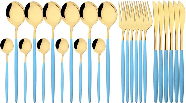 PINKTEN Besteckset aus Edelstahl in Blau und Gold, 24-teiliges Set mit Messern, Gabeln und Löffeln, poliert - Bild 1