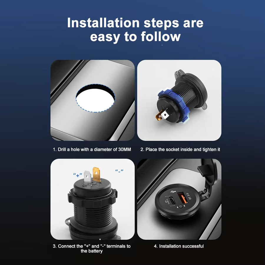 kebidumei Dual-USB-Steckdose 12/24V mit Tastenschalter, 40W QC3.0 & PD3.0 USB-C Autoladegerät in Schwarz für Wohnmobile, Motorräder, Boote und LKWs - Bild 2