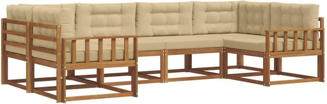 vidaXL Outdoor-Sofagarnitur 6-teilig aus Akazienholz in Natur und Beige mit Kissen und Armlehnen im L-Shape Design - Bild 1