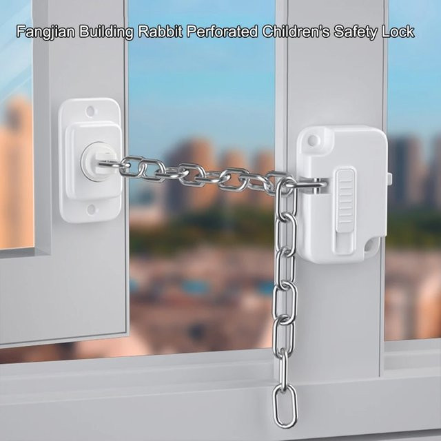 Sicherheitskettenschloss für Fenster als Fensterbegrenzer, selbstklebend und ohne Bohren, verstellbar, Farbe: Weiß - Bild 1