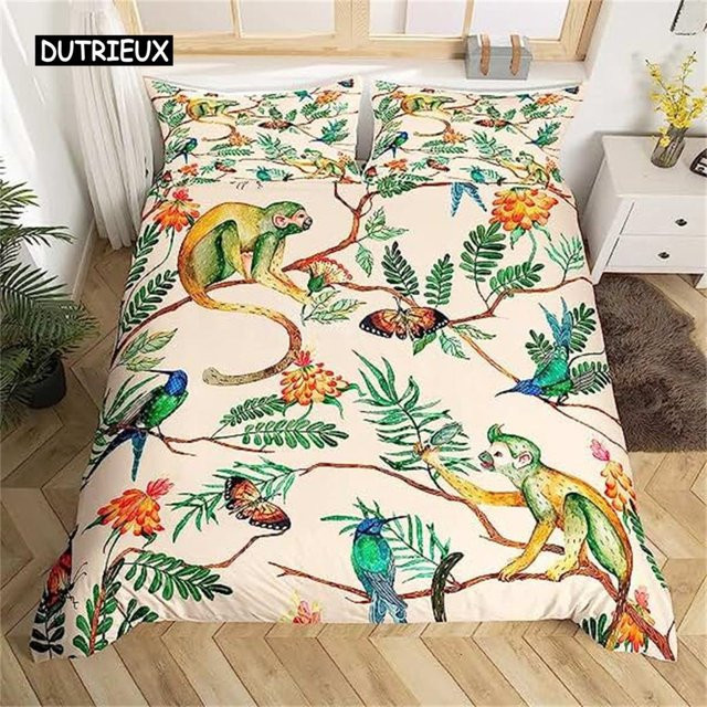 Bettwäscheset mit Affen-Motiv von Binchi Outdoor Product, Kinderbettwäsche mit Cartoon-Wald-Design, bunt, B/H: 135 x 200 cm - Bild 1