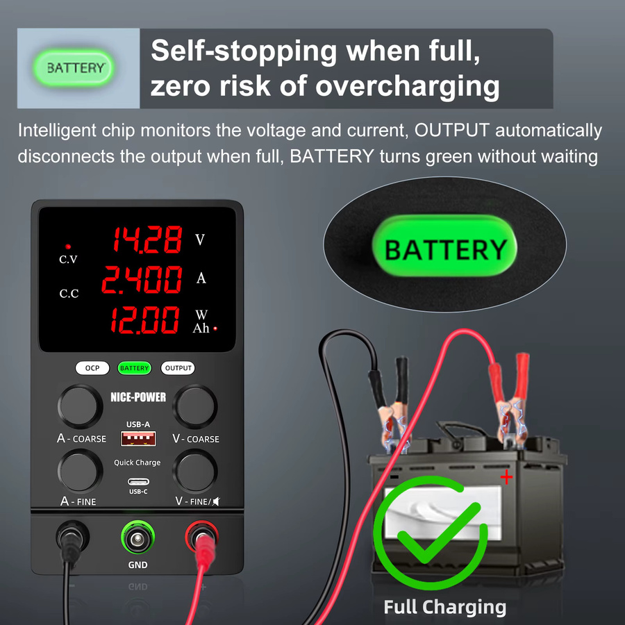 NICE-POWER Li-Ion Akku-Ladegerät Schwarz: Einstellbare Desktop-DC-Stromversorgung für 6V/12V/24V/36V/48V/60V mit Echtzeit-Ah-Anzeige - Bild 3