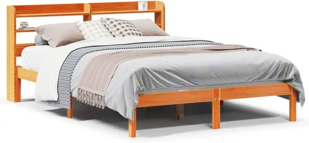 vidaXL Bettgestell mit Kopfteil aus massivem Kiefernholz in Wachsbraun, B/T/H: 135 x 190 x 82 cm - Bild 1