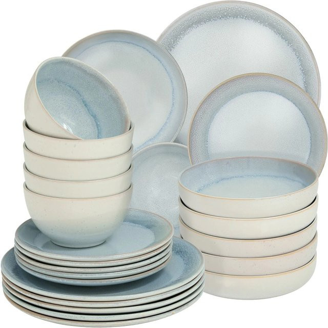 tectake Tafelservice aus Steingut für 6 Personen, grau und beige, handgefertigt, stapelbar, mikrowellen- und spülmaschinenfest, Durchmesser: 26,5 cm, Höhe: 2,5 cm - Bild 1