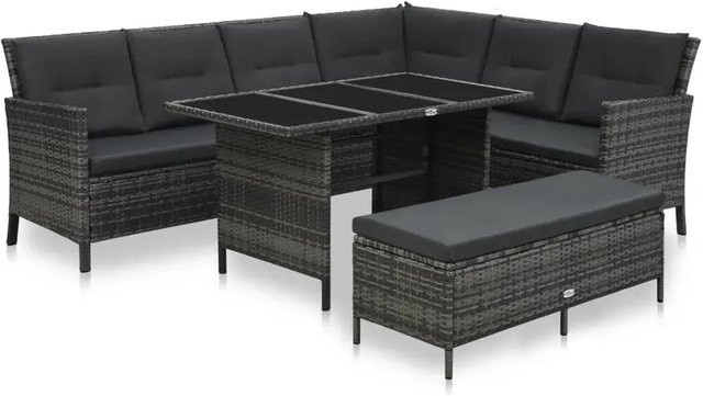 vidaXL 3-tlg. Garten-Lounge-Set aus Poly Rattan in Grau mit Auflagen und Couchtisch, L-Form - Bild 1