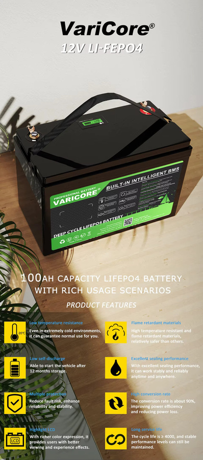 VariCore 12V 100Ah LiFePO4 Lithium-Eisenphosphat-Batterie mit BMS in Schwarz für Wohnmobile, Camper, Solaranlagen und Boote - Bild 4