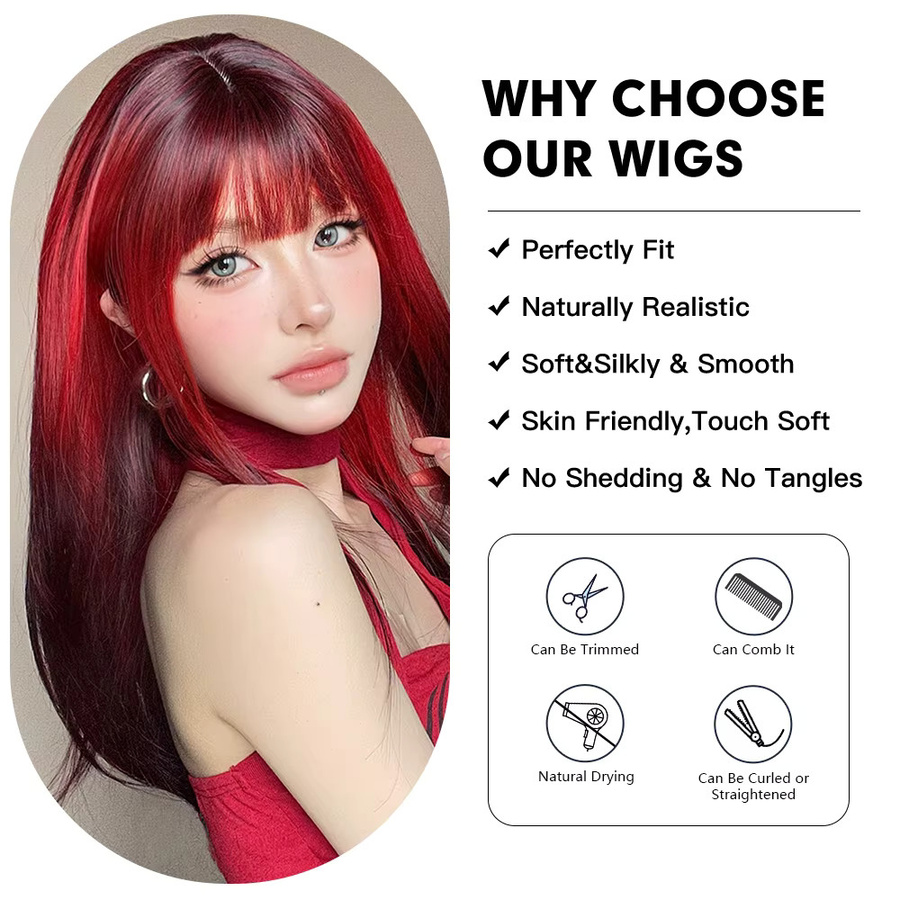 EASIHAIR Perücke, Schwarz-rot Ombre, lang, gerade, geschichtet, mit Pony, Damen - Bild 5