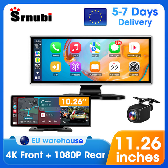 Srnubi Dash Cam 4K mit CarPlay und Android Auto, 10,26/11,26 Zoll Auto DVR mit 5G WIFI, GPS Navigation und Rückfahrkamera, Schwarz - Bild 1