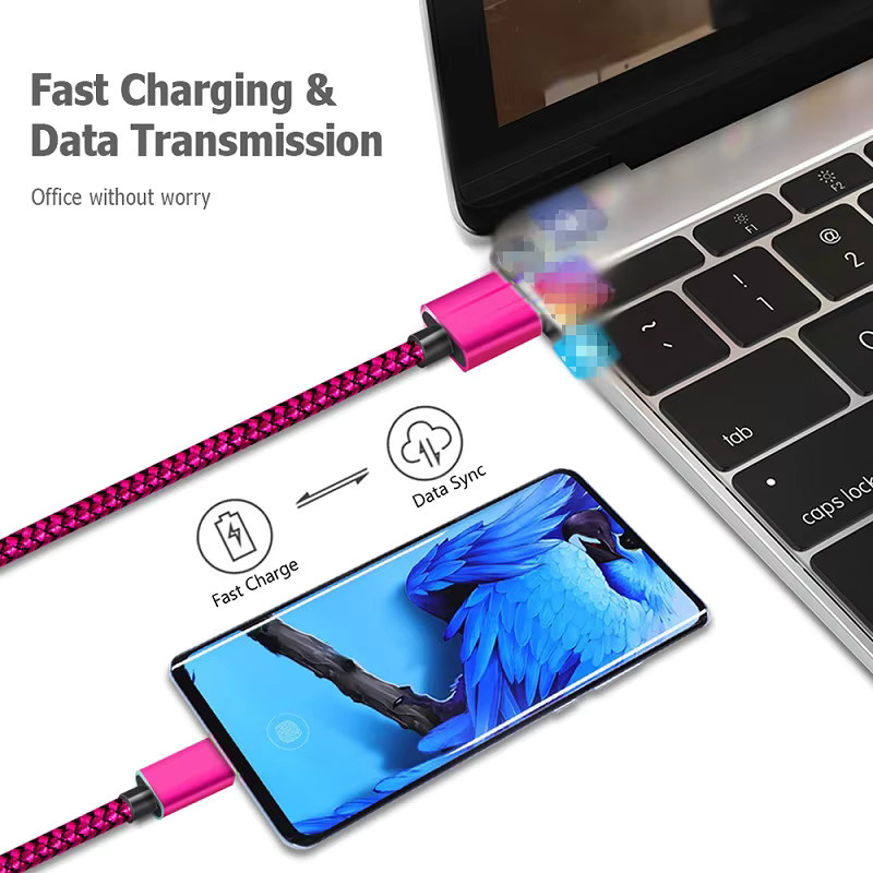 GeydrQ USB A zu Typ C Ladekabel aus Nylon als Schnellladegerät und Datenkabel für Android Smartphones in Pink und Purple - Bild 2
