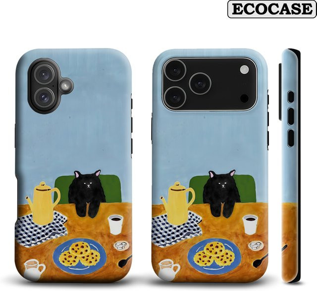Potdemiel Handyhülle Cozy Black Cat Coffee Time für iPhone 17 16 15 14 13 12 Pro Max Plus mit doppelschichtiger Rückseite in Schwarz - Bild 1