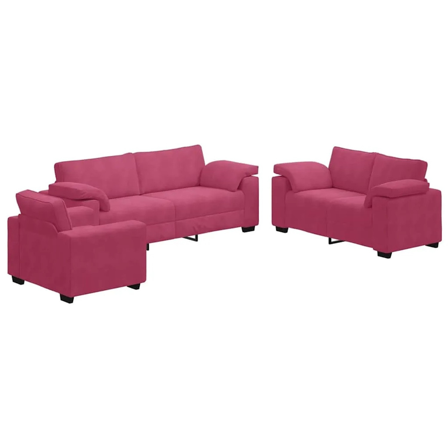 vidaXL 3-teilige Sofagarnitur aus Samt in Weinrot mit Sessel, 2-Sitzer und 3-Sitzer inklusive Kissen - Bild 2