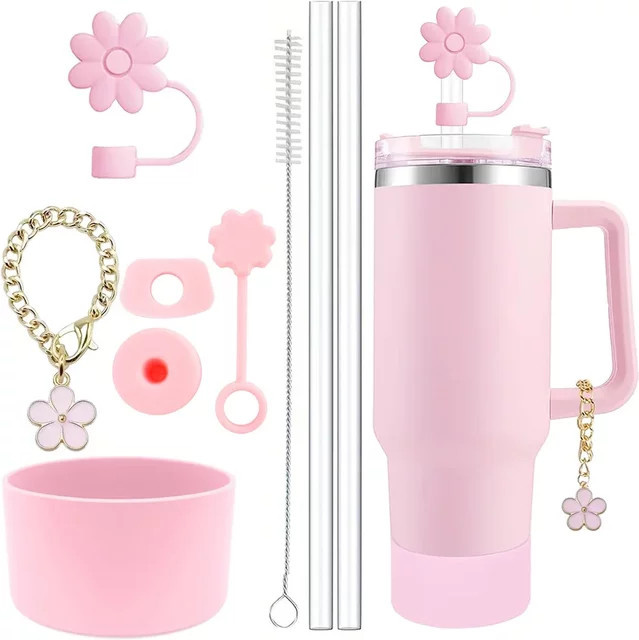 AfreNee 9er-Set Zubehör für Stanley Cup in Weiß mit Strohhalm-Bürsten, Blumen-Charm-Kette, auslaufsicheren Stoppern, Strohhalm-Abdeckung und Stiefel-Verzierungen - Bild 1