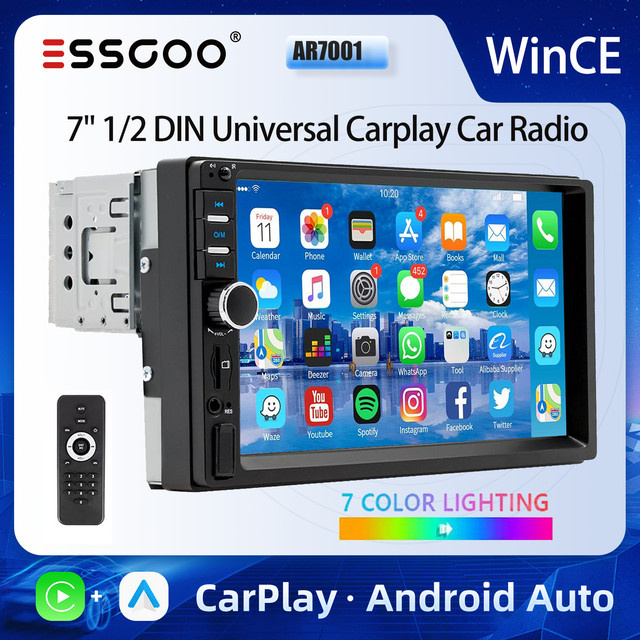ESSGOO Universal Autoradio 7 Zoll mit CarPlay, Android Auto, Bluetooth und HD Touchscreen in Schwarz - Bild 1
