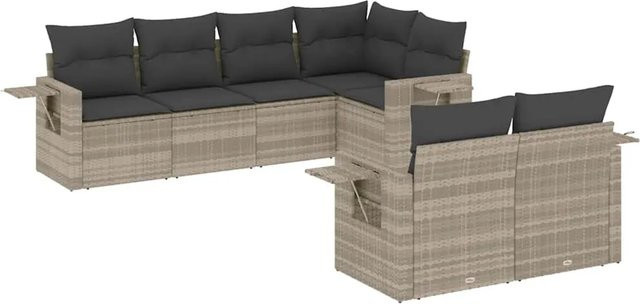 vidaXL 7-teilige Garten-Sofagarnitur in L-Form aus Poly-Rattan in Hellgrau mit UV-beständigen Kissen und pulverbeschichtetem Stahlgestell - Bild 1