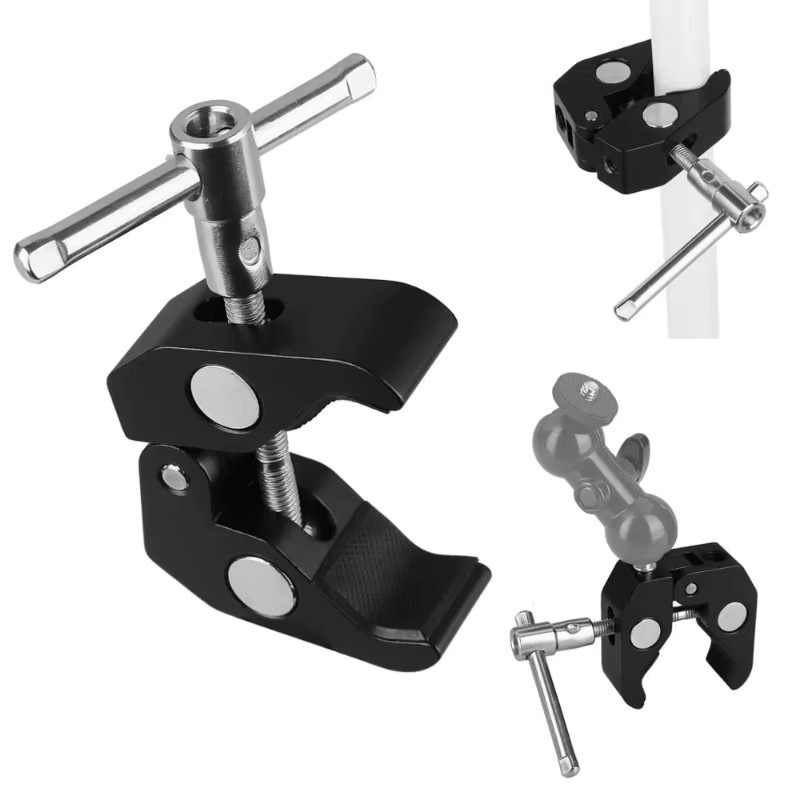 GJUELIRRA Magic Arm Clip Multifunktionaler Kugelkopf Doppel Ball Adapter mit Schuh Mount für Monitor und LED Licht in Schwarz - Bild 4