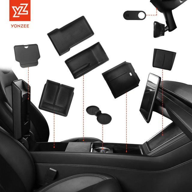 YZ Mittelarmlehne mit versteckter Aufbewahrungsbox, Getränkehalter und Ladepad für Tesla Model Y Juniper 2025, Schwarz - Bild 1