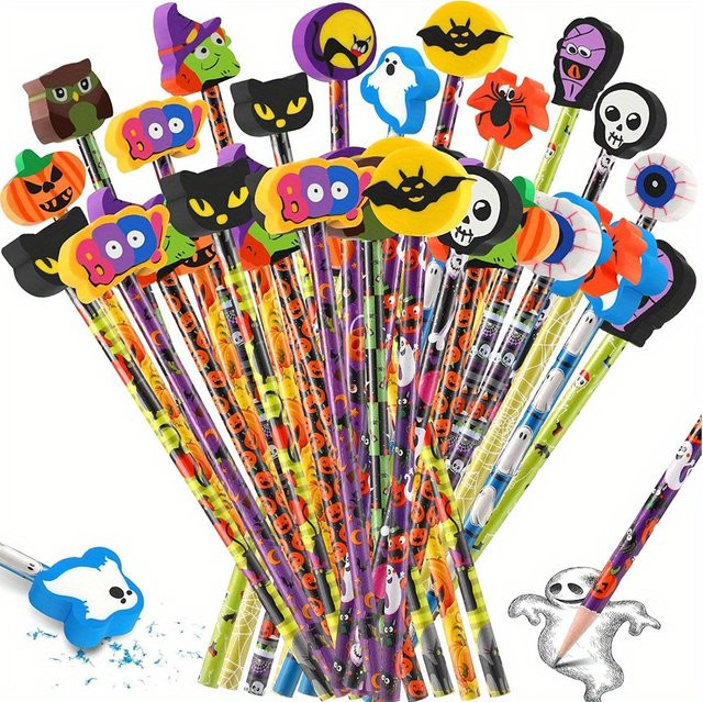 JXB Halloween Bleistift-Set mit Motiv-Radiergummis in Geister Kürbis Spinnen Fledermaus Zauberer Katze, 8 Stück, Mehrfarbig - Bild 1