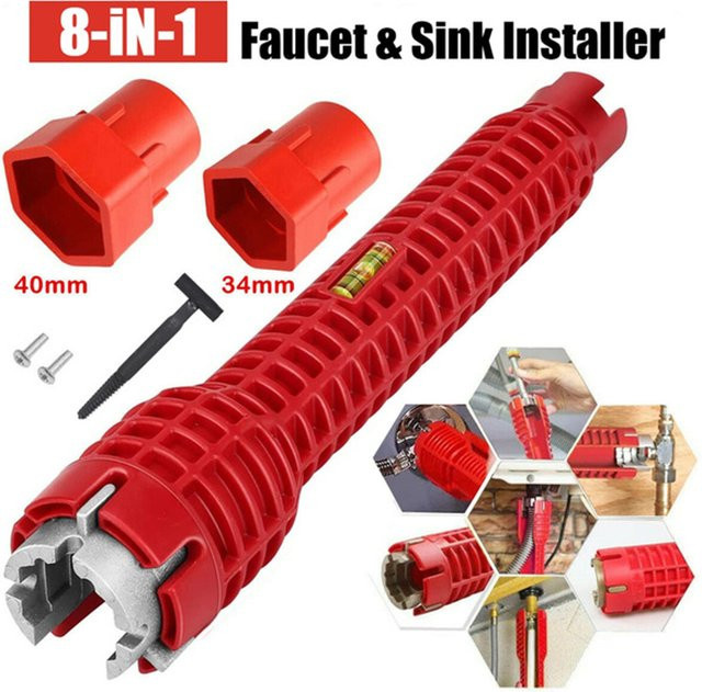SLADE 8-in-1 Wasserhahn- und Waschbecken-Installationswerkzeug in Rot mit rutschfestem Griff und Doppelkopf-Reparaturschlüssel für Sanitärarbeiten und Warmwasserbereiter - Bild 1