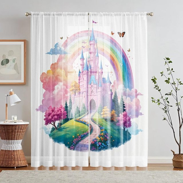 2er-Set Fensterblenden mit Pinker Prinzessin und Regenbogen-Schloss-Print, halbtransparent, Farbe: Pink und Mehrfarbig, B: 132 cm, H: 160 cm - Bild 1
