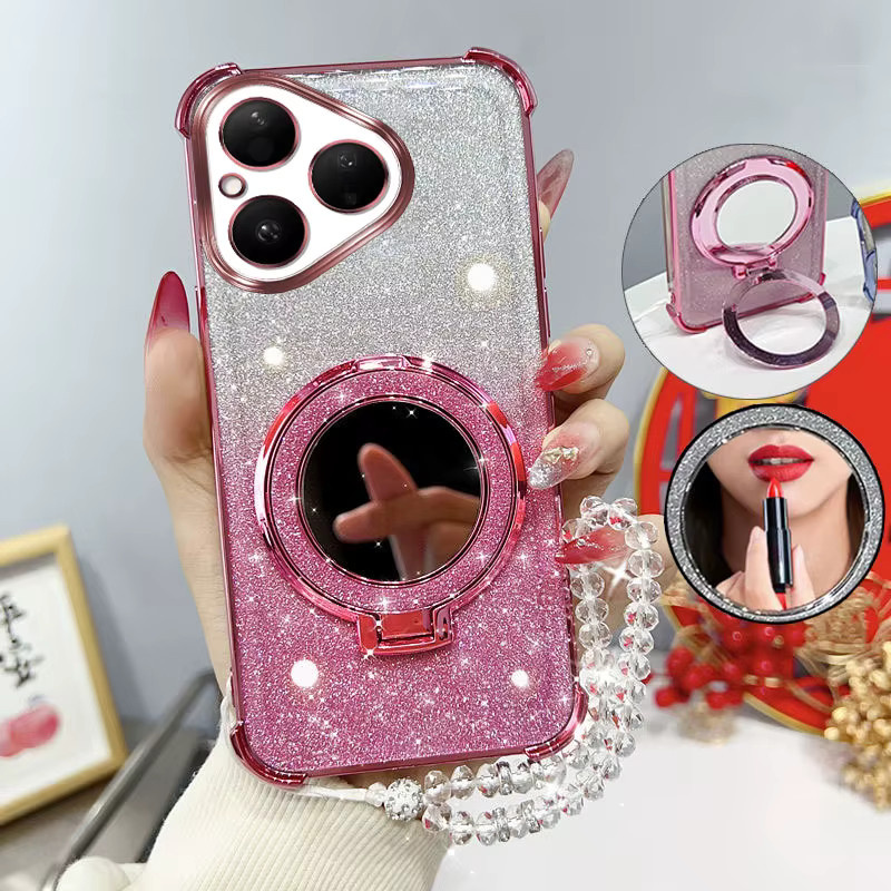Glitzernde und stoßfeste Handyhülle mit Spiegelständer und Perlenarmband für Huawei Pura 80 70 Pro Plus Ultra in Pink - Bild 1