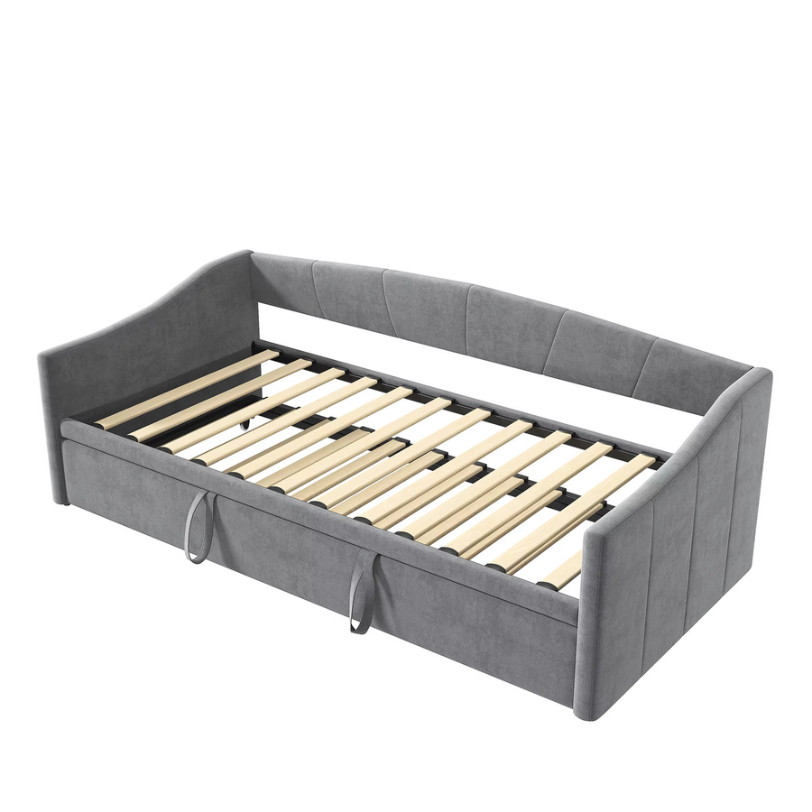 Modernes 2-Sitzer Doppel-Schlafsofa aus Samt in Grau, ausziehbar mit Bettfunktion, Breite: 180 cm, Tiefe: 200 cm - Bild 2