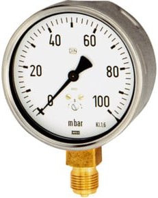 Riegler Kapselfedermanometer aus Edelstahl, Farbe Silber, G 1/2 radial unten, Messbereich 0 - 160 mbar, Durchmesser 100 mm, Artikelnummer 6815 - Bild 1