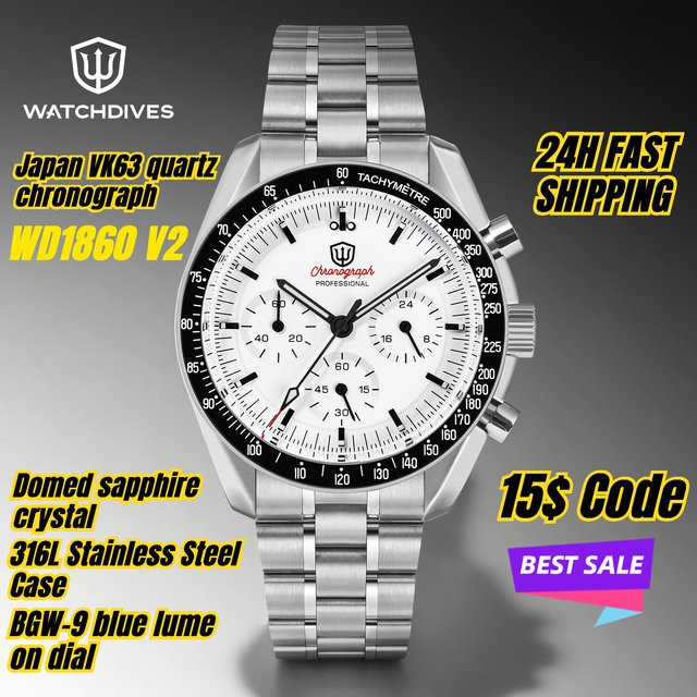 Watchdives Chronograph, Edelstahl, Saphirglas, Schwarz, Unisex - Bild 1
