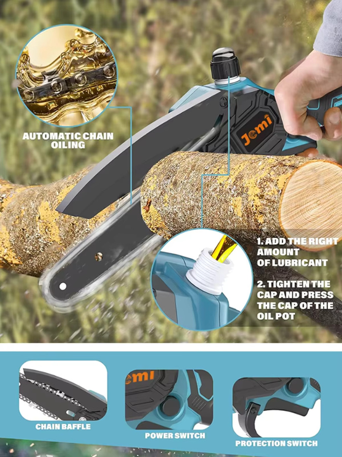 Jemi Tool 6-Zoll Akku-Kettensäge in Blau, tragbare Handkettensäge kompatibel mit Makita LXT zum Schneiden von Holz und für Heimwerken - Bild 7