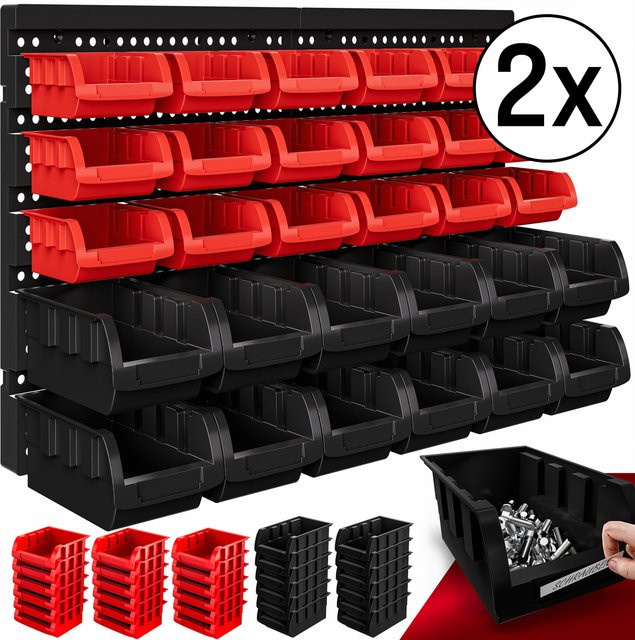 Monzana Werkzeugwand 2er-Set in Schwarz und Rot mit 60 Stapelboxen aus Kunststoff zur Wandmontage - Bild 1