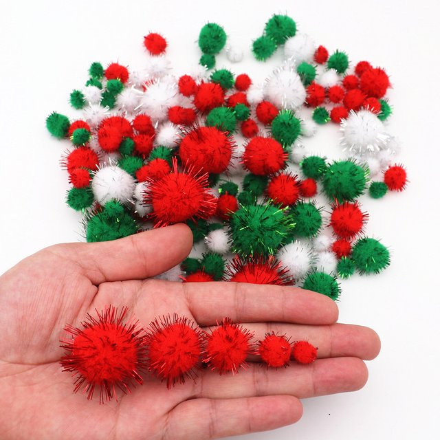 Glitzer-Pompons für Bastelarbeiten in Weiß, Grün und Rot, Plüsch-Glitzer-Bälle für Weihnachtsdekoration, 10-30 mm - Bild 1