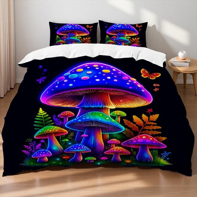 Bettwäsche-Set mit Pilzmotiv und floralem Design, mehrfarbig, aus Mikrofaser, B/H: 135 x 200 cm - Bild 1