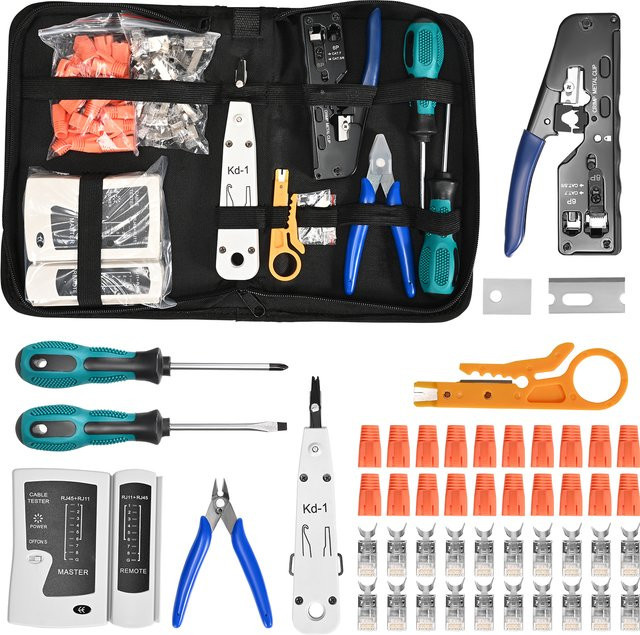 Rbefeuly Netzwerk-Werkzeugset in Blau mit RJ45-Crimpzange, 20x RJ45-Steckern Cat7/Cat6a Pass-Through, Netzwerktester, LSA-Montagewerkzeug und Abisolierzange - Bild 1