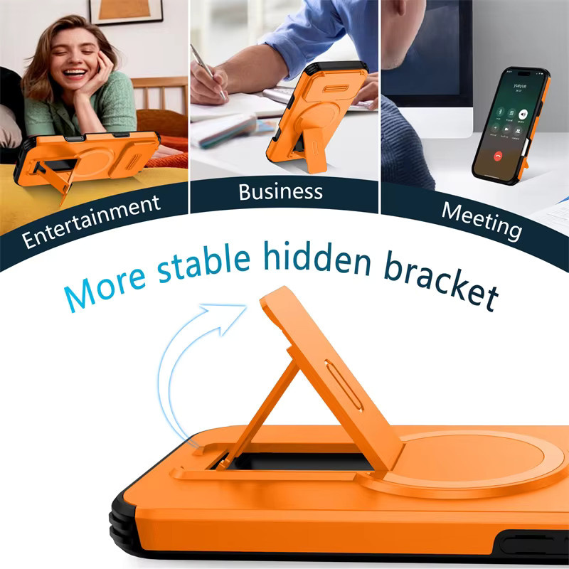 Magnetische MagSafe Schutzhülle von newteneight für iPhone 17 Air, 16 E, 15, 14, 13 Pro Max Plus Mini in Orange mit 3-in-1 versteckter Linse und klappbarem Ständer - Bild 4
