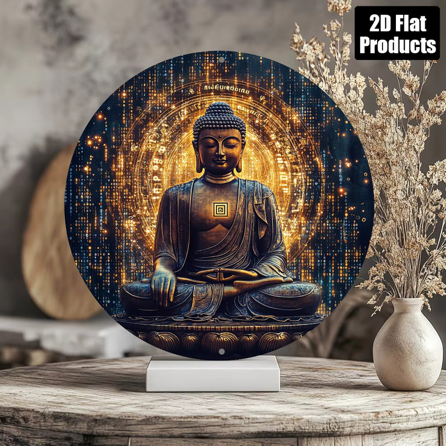 HELLOYOUNG Metallschild Buddha-Statue kreisförmiges Weißblechgemälde mit abstraktem orientalischem Design Durchmesser: 20 cm - Bild 4
