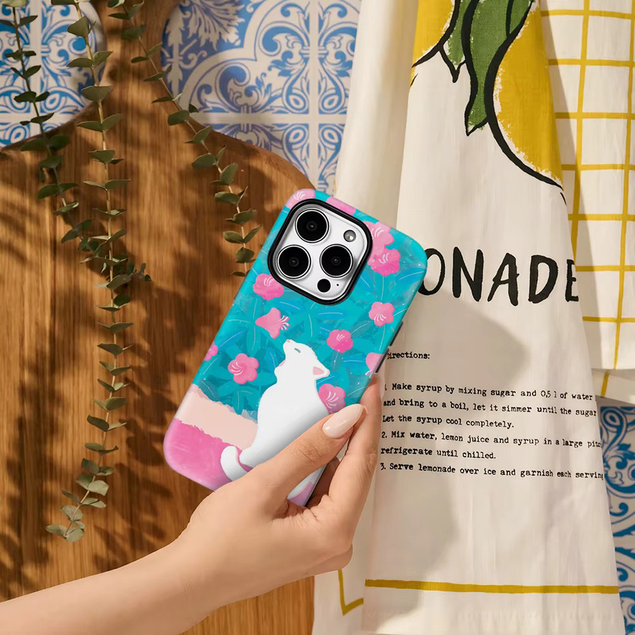 Handyhülle mit weißer Katze unter Blüten für Apple iPhone 17 Pro Max, 16, 15, 14, 13, 12, 11, 17AIR, 16E, Plus – Doppelschichtige Rückseite in Weiß und Multicolour - Bild 3