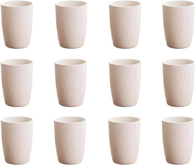 12er Set tragbare Weizenstrohbecher aus Kunststoff für Kinder und Erwachsene, Farben: Beige, Pink, Blau, Grün - Bild 1