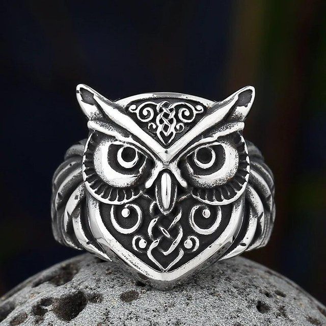 VY-SX Ring, 316L Edelstahl, Eule Kopf, Schwarz, Unisex - Bild 1
