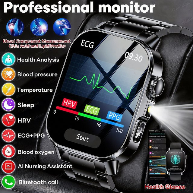 GUHUAVMI EKG Smartwatch Schwarz mit Blutdruckmessung, Blutsauerstoffsensor und Gesundheitsdiagnose für Männer und Frauen - Bild 1