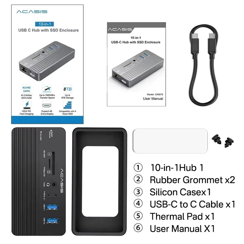 Acasis 10-in-1 M.2 NVMe SSD-Gehäuse und Dockingstation in Grau mit HDMI 4K60Hz, 100W PD, RJ45 Ethernet und USB-A Anschlüssen für MacBook Pro/Air und Windows PC - Bild 4