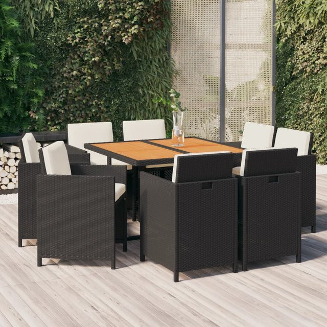 vidaXL 9-tlg Garten-Essgruppe aus Poly-Rattan und massivem Akazienholz mit Kissen, Schwarz - Bild 3