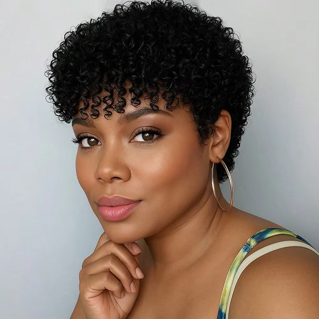 OYM HAIR Echthaarperücke Pixie-Cut, Jerry-Locken, 180% Dichte, Damen - Bild 1