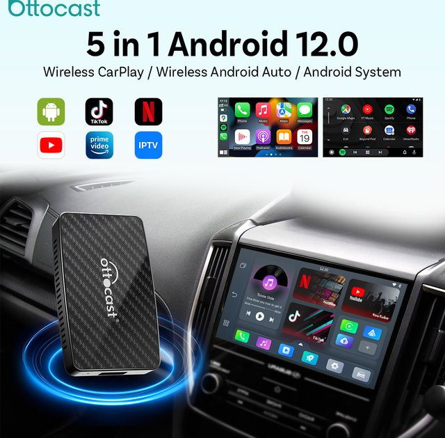Ottocast Android Ai Box Wireless CarPlay und Android Auto Adapter in Schwarz mit YouTube, Netflix, TikTok und IPTV für Fahrzeuge mit kabelgebundenem CarPlay - Bild 1